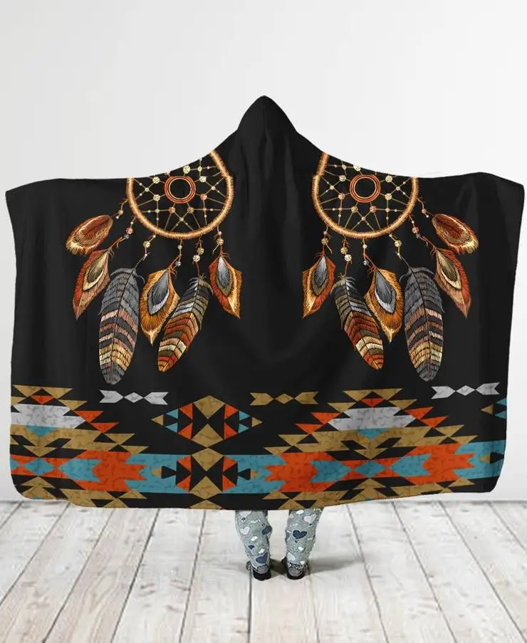 

Plstar Cosmos Birds Feather/Native/Buffalo Head Motifs Hooded Blanket 3D full print Wearable Blanket Adults men women style-6