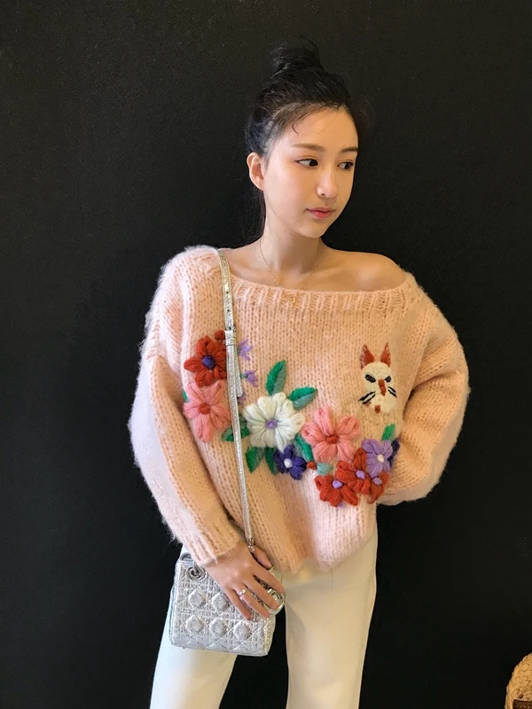 2020 Full Poncho Jumper Pullover Spring New Women's Sweater Garden For Cat Embroidery Mohair Heavy Work Leaking Shoulder Women | Женская