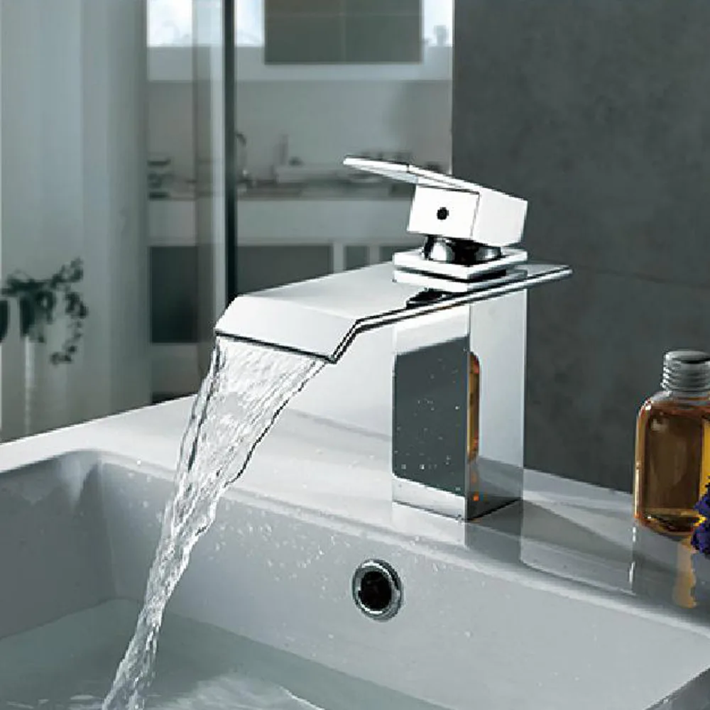 

Promotion Polished Chrome Brass Waterfall Bathroom Basin Faucet Square Vanity Sink Mixer Tap