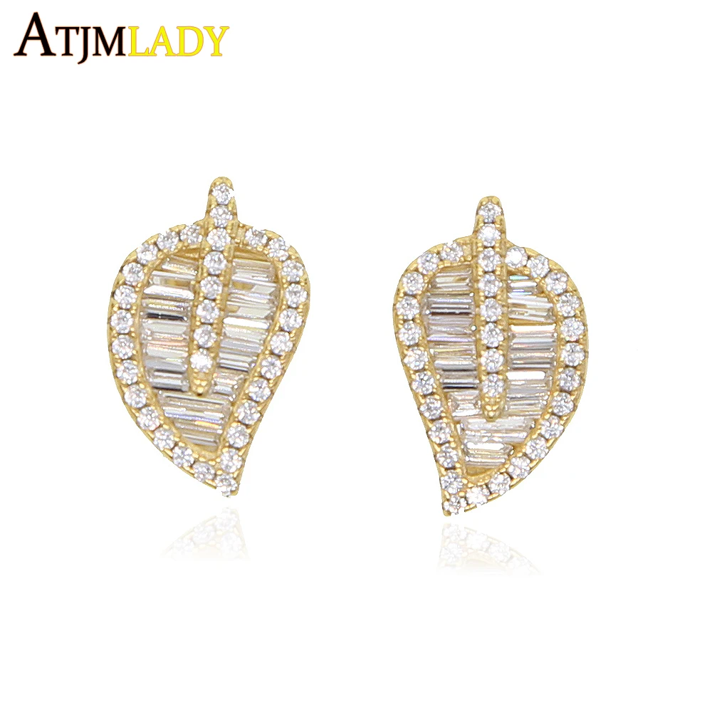 925 Стерлинговое Серебро cz серьга-гвоздик с листком Рождественский подарок багет Изящные милые листья великолепные Модные женские классические ювелирные изделия