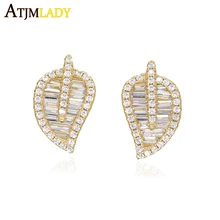 925 Стерлинговое Серебро cz серьга-гвоздик с листком Рождественский подарок багет Изящные милые листья великолепные Модные женские классические ювелирные изделия