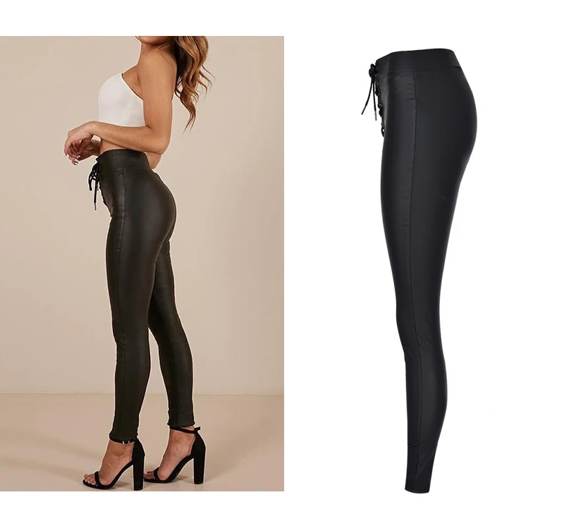 Women's high-waist slim body elastic metal open-hole binding belt elastic waist coating PU imitation leather jean small leg pants (2)