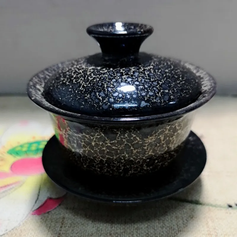 Цзиндэчжэнь красочные фламинго глазурованная Temmoku Gaiwan, чайная чашка, набор Да Хун Пао галстук Гуань Инь супница фарфор Молоко Улун керамика - Цвет: TemmoWhite