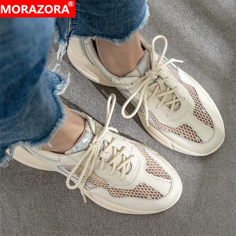 

MORAZORA 2019 hot sale women sneakers genuine leather shoes lace up light breathable mesh sneakers female flat casual shoes