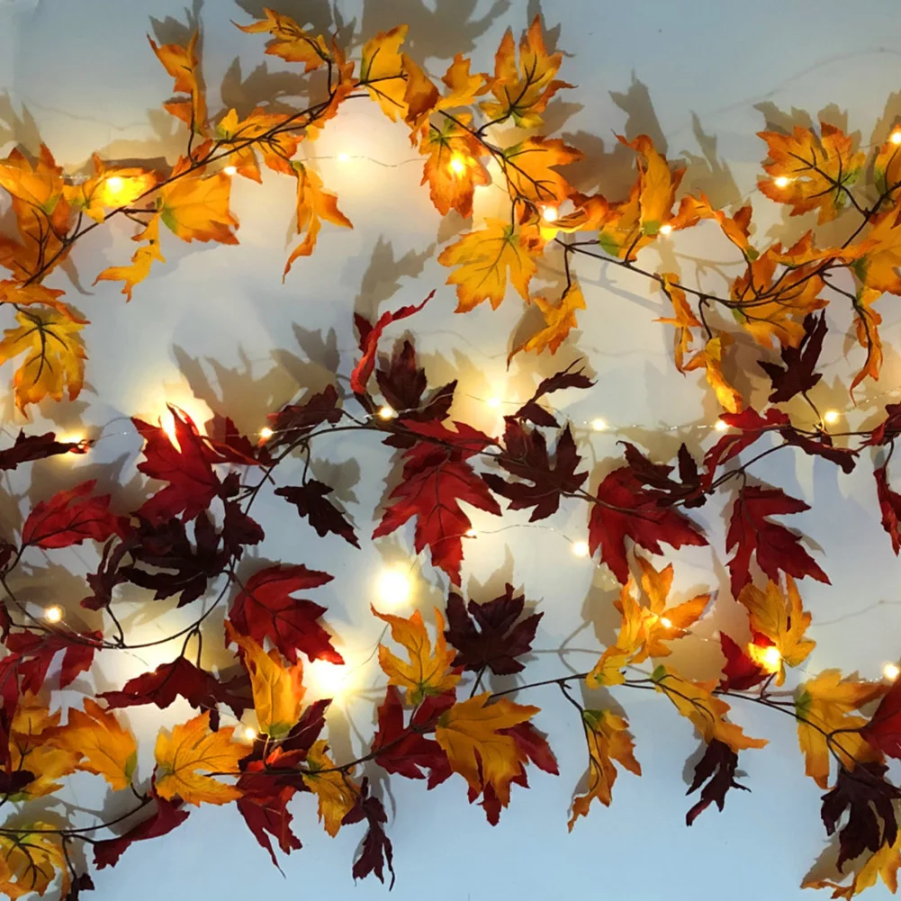 30 LED Lighted Fall Autumn Pumpkin Maple Leaves Garland Halloween Decor
