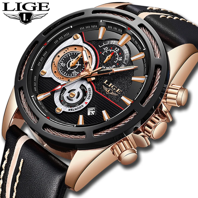 

Relojes of July 2019 LIGE New Fashion Men Watches Leather Sport Quartz Watch Waterproof Men Military Chronograph Big Dial Clock