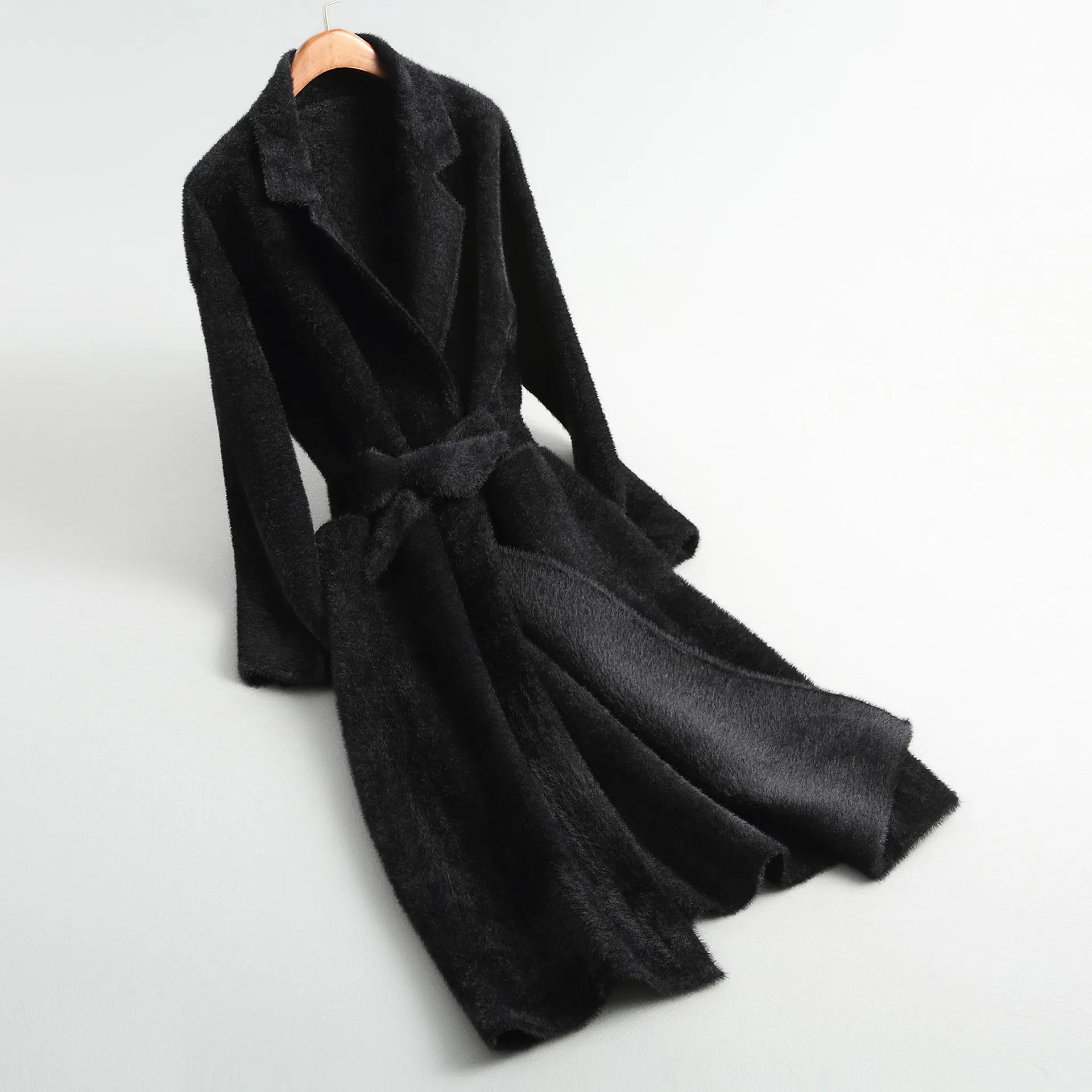 Новинка, осенне-зимнее женское Норковое кашемировое пальто, вязаный кардиган с поясом, длинное шерстяное пальто с карманами, свободная верхняя одежда - Цвет: Черный