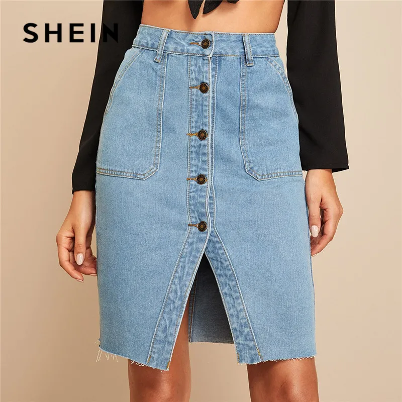 

SHEIN Button Front Slit Hem Pocket Patch Denim Skirt Women Casual High Waist Pencil Skirt Ladies Spring Summer Solid Midi Skirt