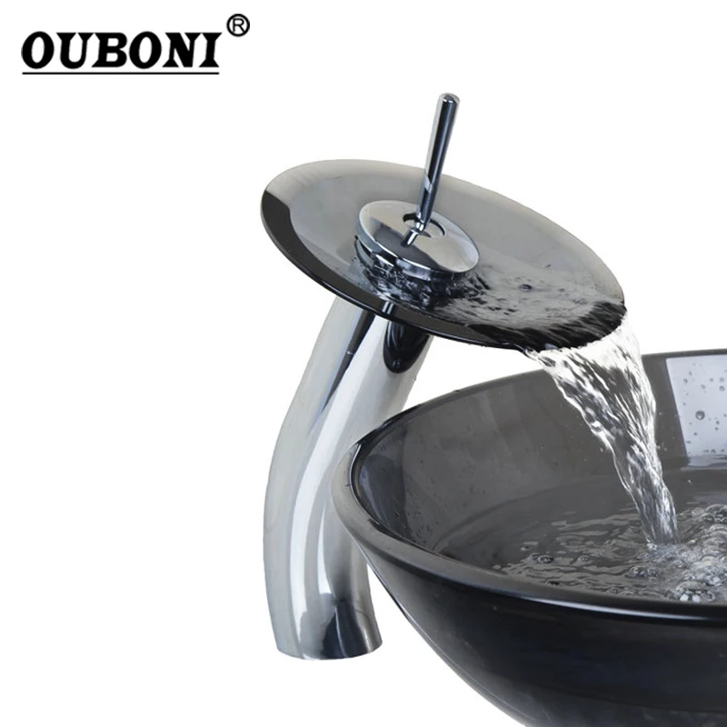 OUBONI черный стекло хром латунь прозрачный закаленное стекло водопад кран стекло ванная раковина кран смеситель