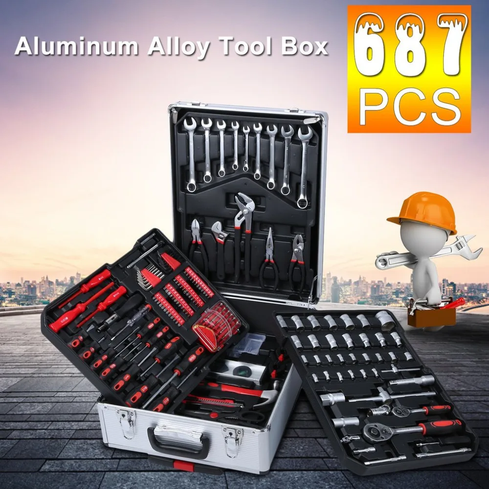 

High Quality 687pcs Tool Trolley Suitcase Set Tool Box Carry Case Aluminum Alloy Toolbox Ratchet Wrench Pliers Screwdriver