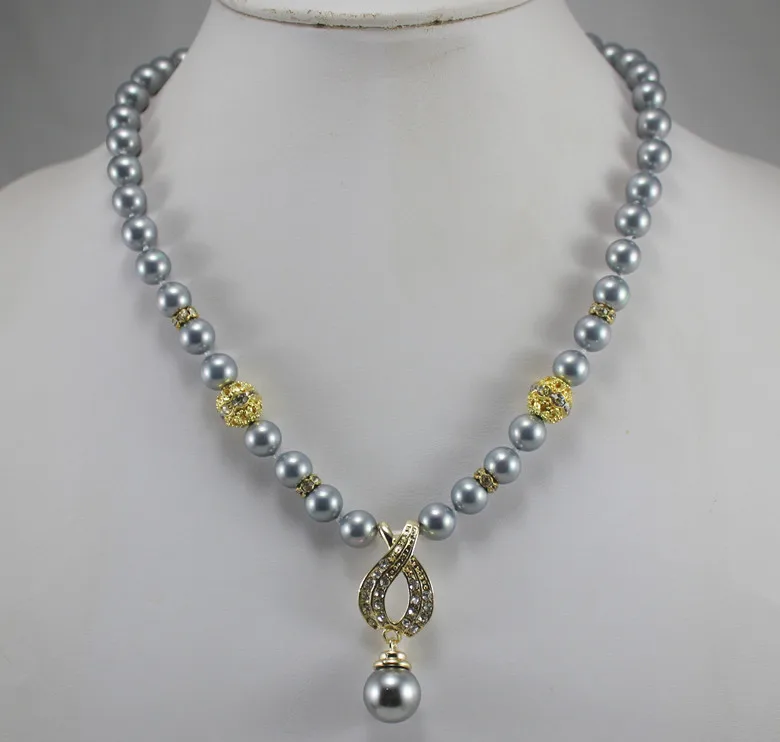 

simply style 8mm gray shell pearl necklace and 14mm pendant necklace for wedding and anniversary