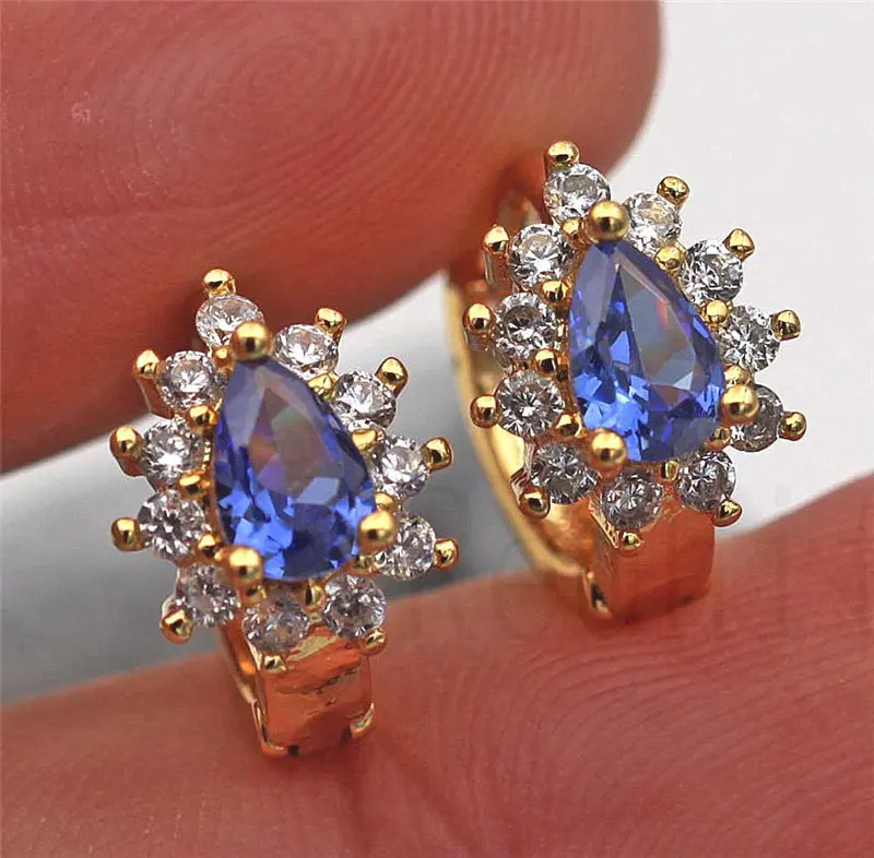 Blue Роскошные серьги-кольца для женщин, серьги золотого цвета с цветком в форме капли, циркониевые трендовые ювелирные изделия, подарок на свадьбу, годовщину - Окраска металла: Blue