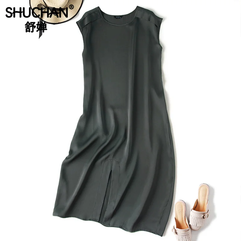 

Shuchan Simple Dress Fashion 2019 Summer 100% Natural Silk Tank Dresses Straight Office Lady Split Designer Dresses High Quality