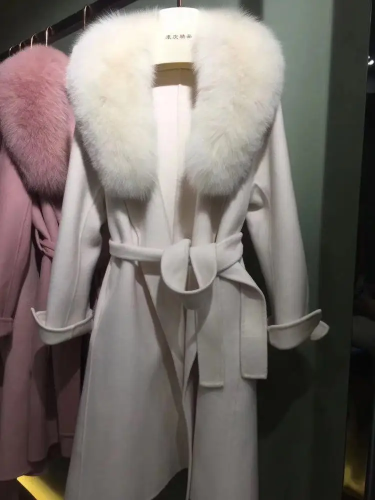 Белый Korea style female x-long loose wool trench coat with real fox fur collar soft double-side wool outwear with belt for women - Цвет: Белый