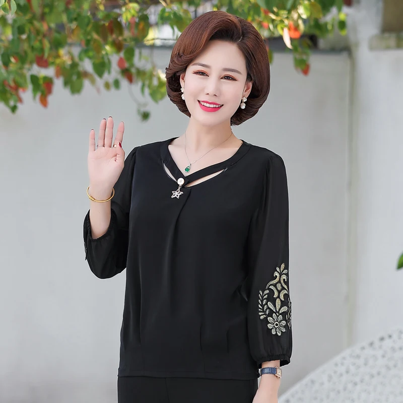 Summer Woman Chic Chiffon Blouses Beige White Round Collar Floral Three Quarter Sleeve Crepe Tops Female Casual Tunic Shirts 4XL Summer Woman Chic Chiffon Blouses Beige White Round Collar Floral Three Quarter Sleeve Crepe Tops Female Casual Tunic Shirts 4XL