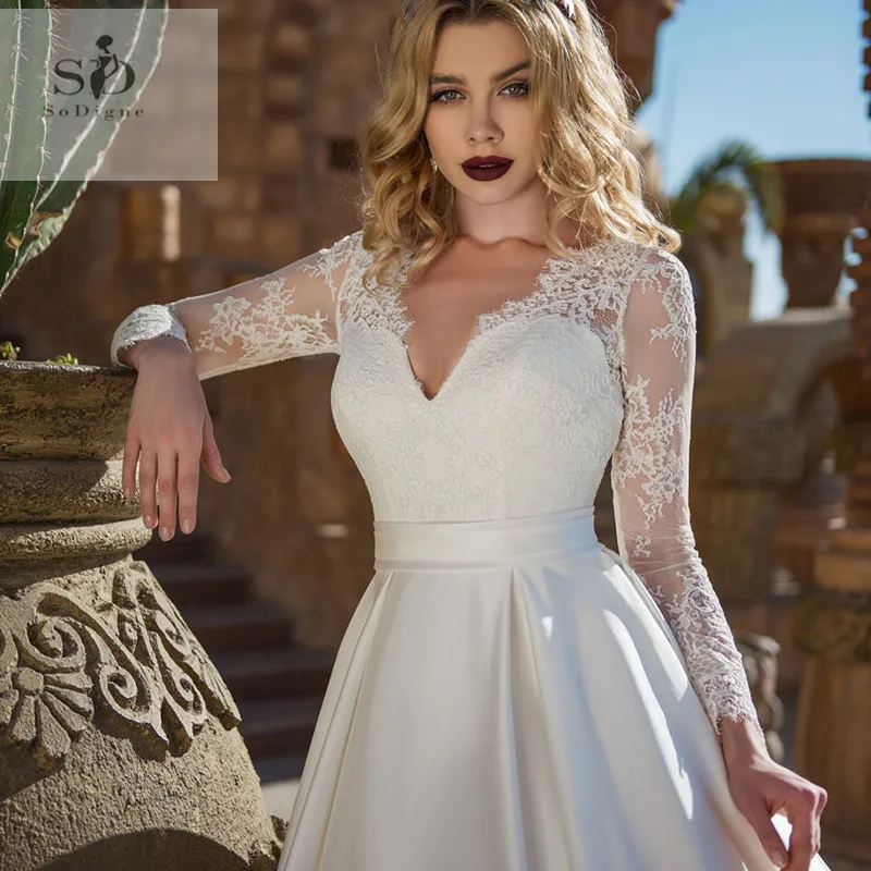Белое вечернее свадебное платье трапециевидной формы, кружевное романтичное свадебное платье с длинными рукавами, атласное свадебное платье, Vestido de noiva, свадебное платье с v-образным вырезом