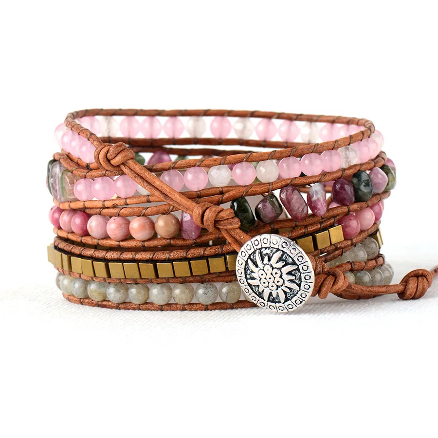 Кожаный браслет с бусинами, турмалин, розовый кварц, 5 нитей, тканые браслеты, Богемский Браслет, Прямая поставка