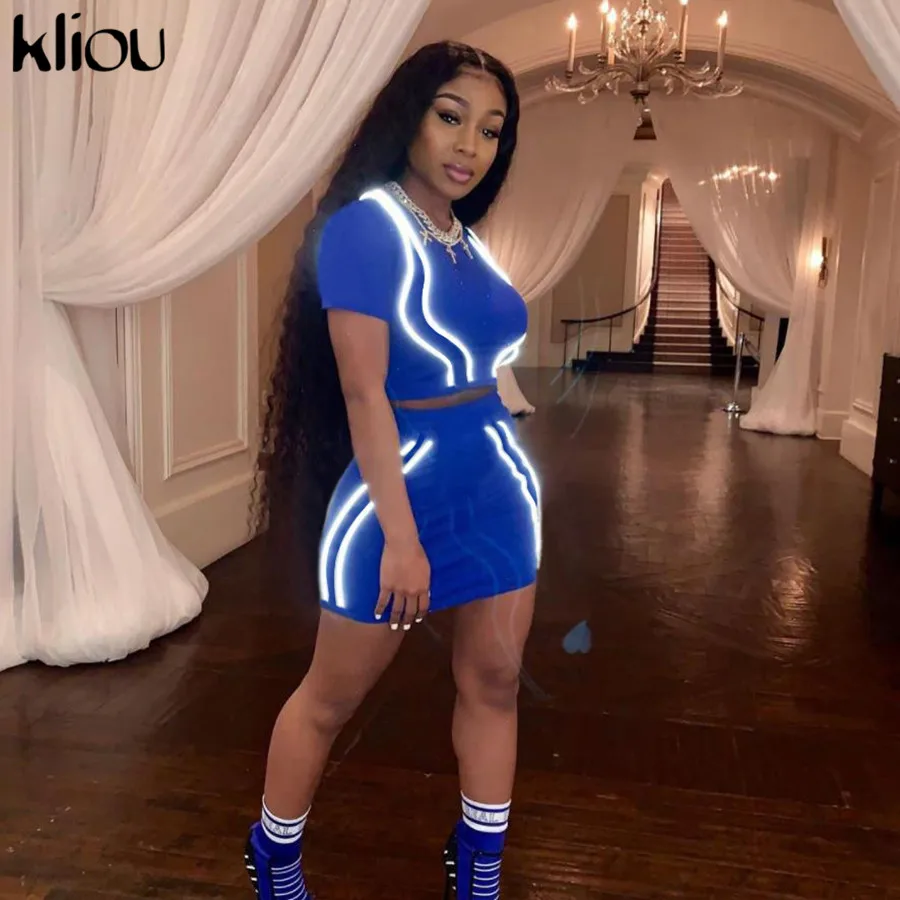 

Kliou women two pieces set reflective striped patchwork short sleeve crop top elastic waist short skirts 2019 summer outfits