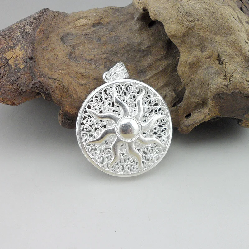 

Sun Pattern Pendant Women Men 999 Sterling Silver Handmade Miao Jewelry Unisex Round Big Men's Pendants China Air Express