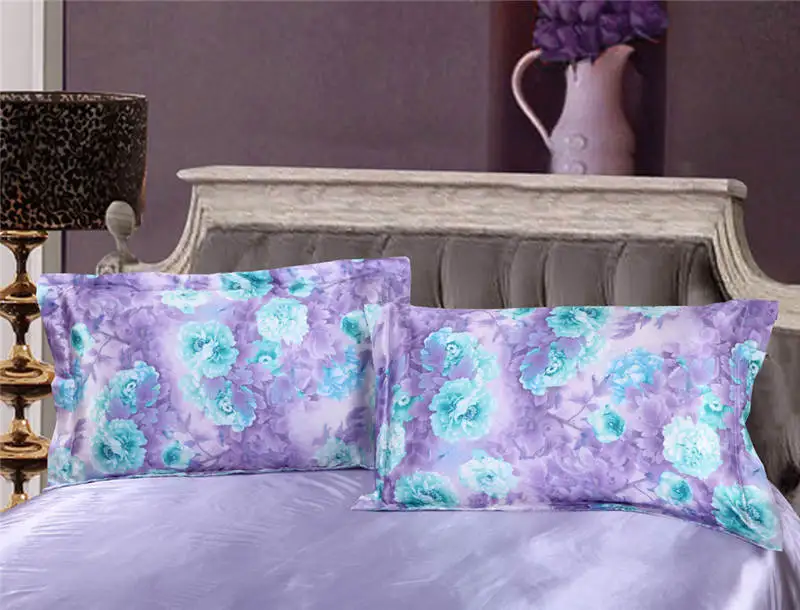 Satén de seda conjunto de sábanas edredón cubre colcha doble reina completa king size dormitorio decoración púrpura azul flor estilo chino - 2