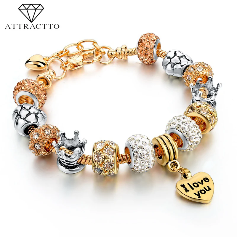 

ATTRACTTO Gold "I LOVE YOUR" Heart Crown Charm Bracelets & Bangles For Women Snake Chain Jewelry Adjustable Bracelet SBR150076