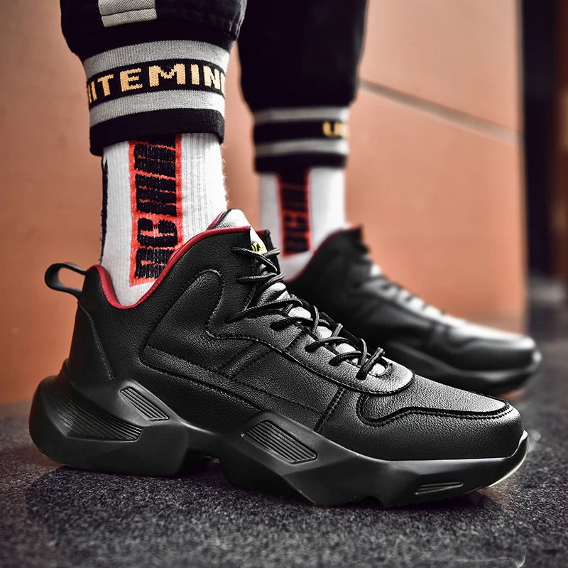 

2019 Men Sneakers Thick Sole Leather Running Shoes For Men Platform Chunky Shoes Outdoors Walking Shoes Zapatillas Black Shoes