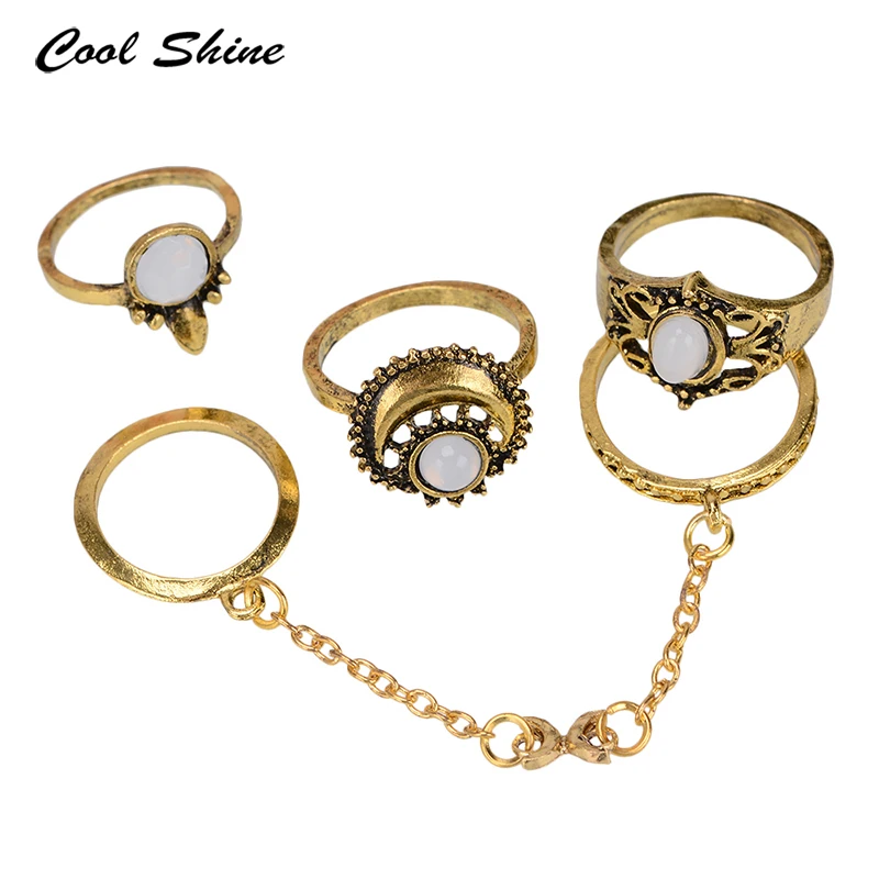 Ojshang 5pcs/set 2017 Unique Design Vintage Turkish Beach Jewelry Punk Retro Connection Rings For Women Charm Anelli | Украшения и