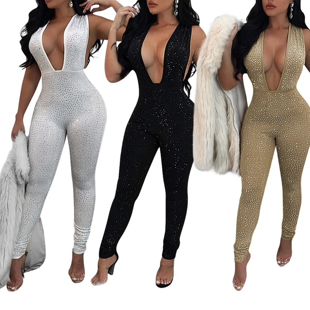 

Sexy Sequins Women Bodycon Jumpsuit Glitter Jumpsuit Romper Bodysuit Sequin Playsuit F0276 Shinning Rhinestones Deep V Neck