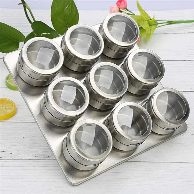 

9Pcs Set With Adjustable Metal Stand To Organize and Hold Spices Dried Herbs Kitchen Tools Stainless Steel Magnetic Spice Rack