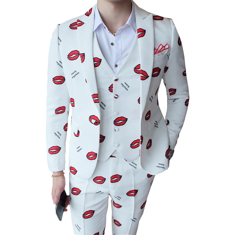 

Floral Print suits Men 2019 slim fit mens blazers Pants and Vest 3 pcs party Wedding dress Suits set Host Business Outside Wear