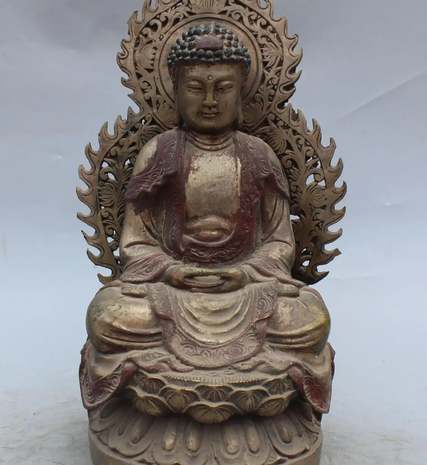 

14" Old Antique Tibet Silver Painting Shakyamuni Sakyamuni Buddha Lotus Statue