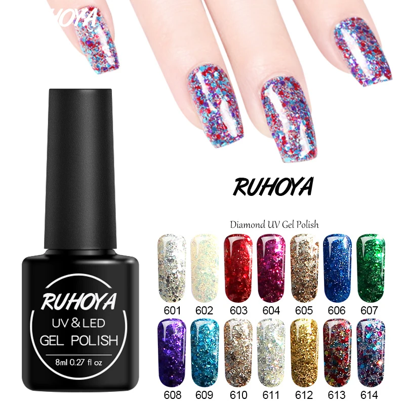 

Ruhoya Shining Diamond UV Gel Nail Polish Hybrid Varnishes Soak Off 20 Color Diamond Painting Gel Nail Varnish Sequins Nails Art