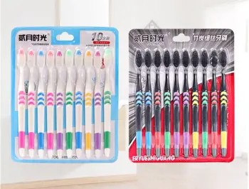 

10 pcs/pack Charcoal Soft-bristle Toothbrush Family Pack Adults Oral Care Rainbow Color Eco-friend Toothbrush