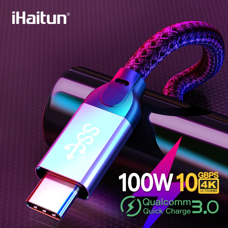 IHaitun роскошный 100 Вт кабель типа C для type C 5A QC 3,0 4,0 USB 3,1 Gen2 10 Гбит/с быстрое зарядное устройство быстрый 4K HD кабель type-C USB QC3.0 QC4.0 PD 20V 5A Поддержка проекции экрана Передача данных Телефон