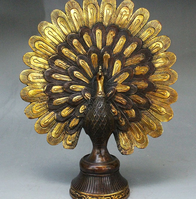 

13" Old China Palace FengShui Bronze Gilt Auspicious Wealth Bird Peacock Statue