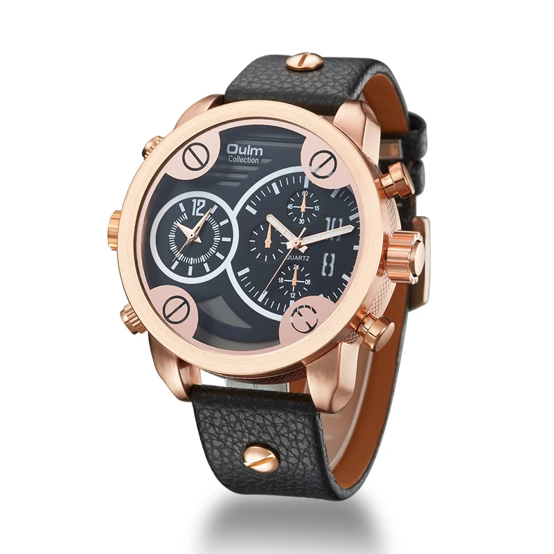 

2018 Oulm Sports Men Watches Three Time Zone Unique Fashion Quartz Watch Male Luxury Brand Big Size Men's Wristwatch