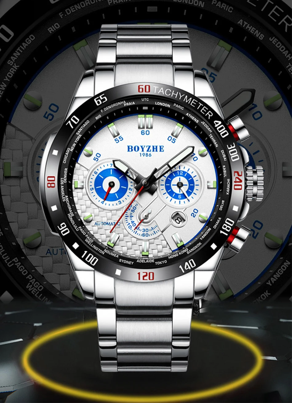 Мужские автоматические светящиеся часы из нержавеющей стали, водонепроницаемые спортивные механические часы, мужские многофункциональные часы с 3D циферблатом