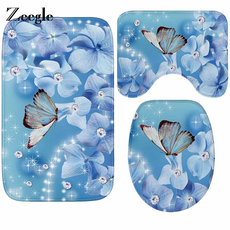 

Zeegle Bath Mat Bathroom Carpet Butterfly Toilet Floor Mat Bathroom Mats Set Toilet Rugs Shower Room Foot Pads