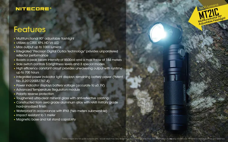 NITECORE MT21C фонарь Anglelight CREE XP-L HD V6 1000LM 90 градусов регулируемый угол головы светодиодный фонарик на 18650 батареи