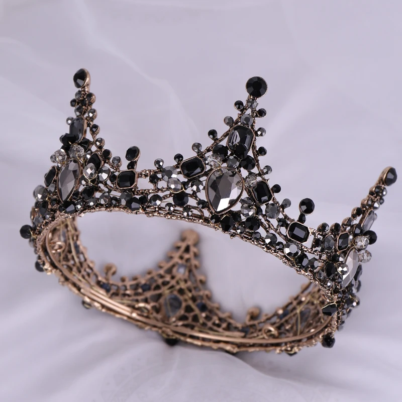 Винтажные женские ювелирные изделия из черного хрусталя в стиле барокко, круглые диадемы и короны, королевская принцесса, диадема для свадебного торжества, украшение для волос
