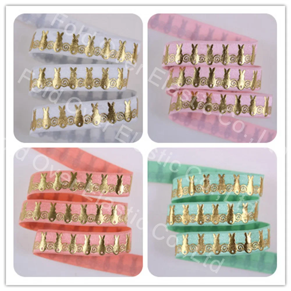 

5 colors gold foil Easter bunny Printed foe elastic 5/8" fold over elastic 50 yards per lot