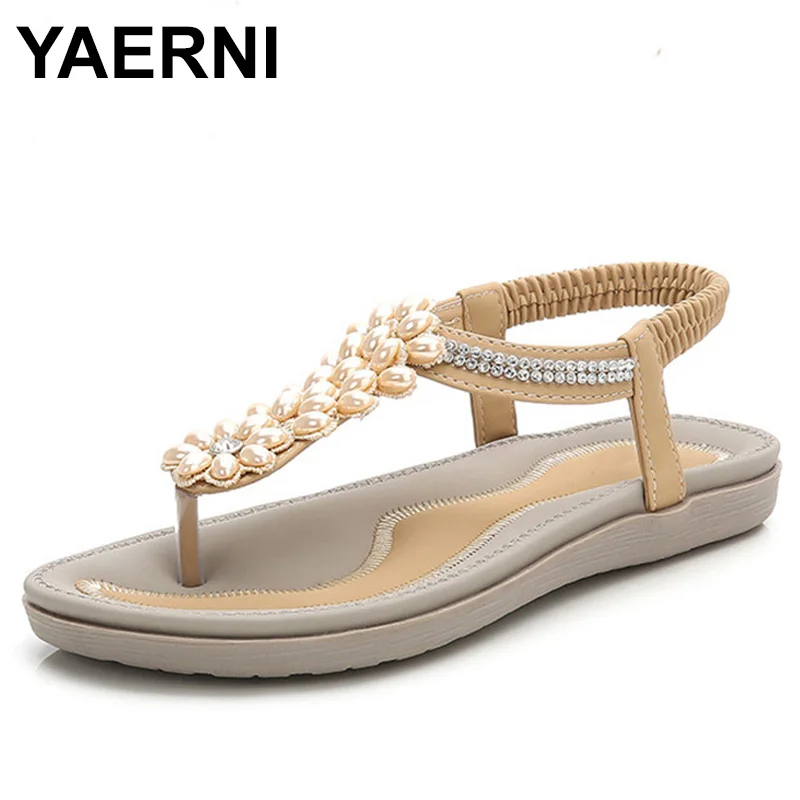 

YAERNI Women Flat Bottomed Sandals Bohemia Leisure Comfort Sandals Fashion Women PU Flat Crystal Shoes Ladies Clip Toe Shoes