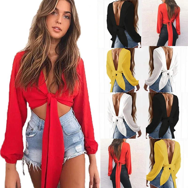 

Autumn women sexy casual V back open back backless wrap blouse female crop top V neck long sleeve bow shirt