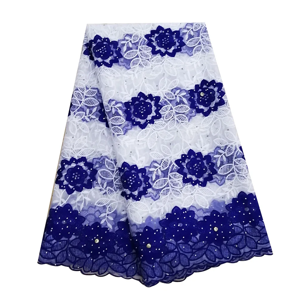 

Latest African Tulle Lace Fabric High Quality African Lace Fabric With Stones Royal Blue White Color French Lace Fabric
