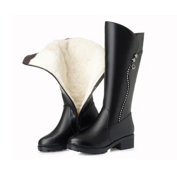 

Women's High Boots 2019 Winter Genuine Leather Ladies Long Boot Fur Wool Woman Warm Black Winter Boots Heels Knee-High Boot