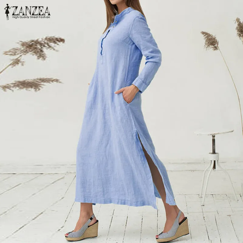 ZANZEA, бренд, женское платье, Осеннее, повседневное, свободное, хлопок, Vestidos, длинный рукав, сексуальное, с разрезом, макси, длинные платья размера плюс