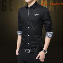 Футболка с принтом Для мужчин рубашка с длинными рукавами Для мужчин с корейской моды отложной воротник Тонкий Повседневная рубашка Для мужчин