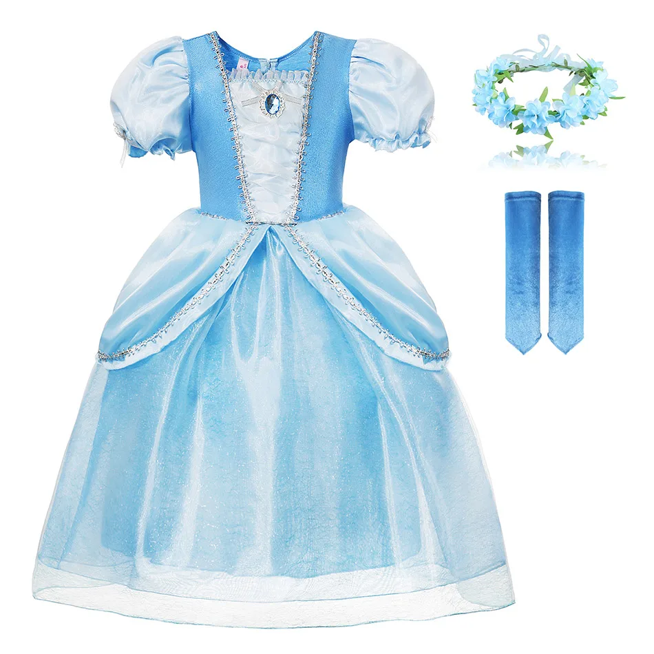 Одежда Золушки для девочек; детское Голубое Бальное Платье; вечерние платья принцессы на Хэллоуин; карнавальный костюм с перчатками; школьная одежда для игр