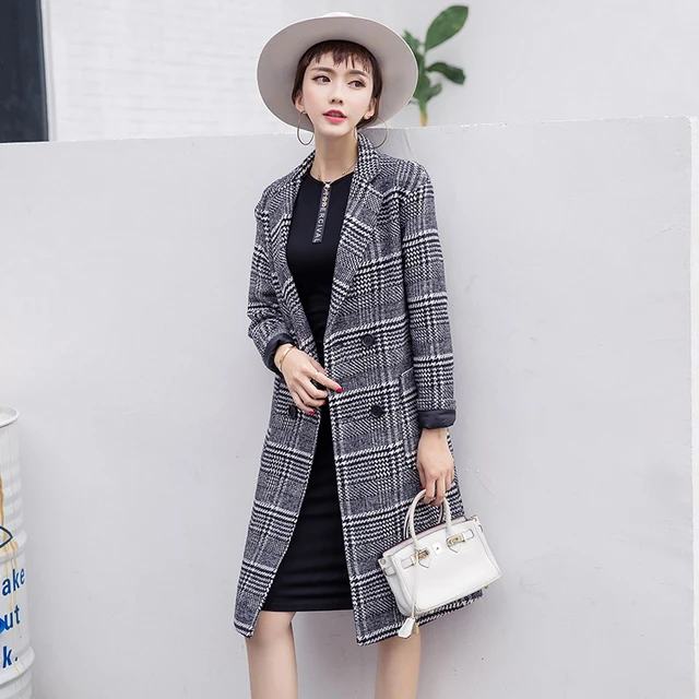 New Autumn Winter Fashion Plaid Maxi Trench Women Coat Long Sleeve