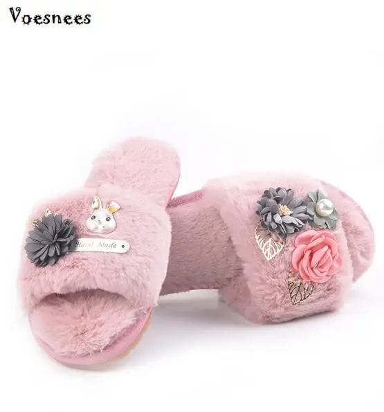 

Fashion Flowers Women Slippers Home Indoor Plush Slippers Female Flats Shoes Comfortable Fur Ladies Pearl Slippers Shoes Women